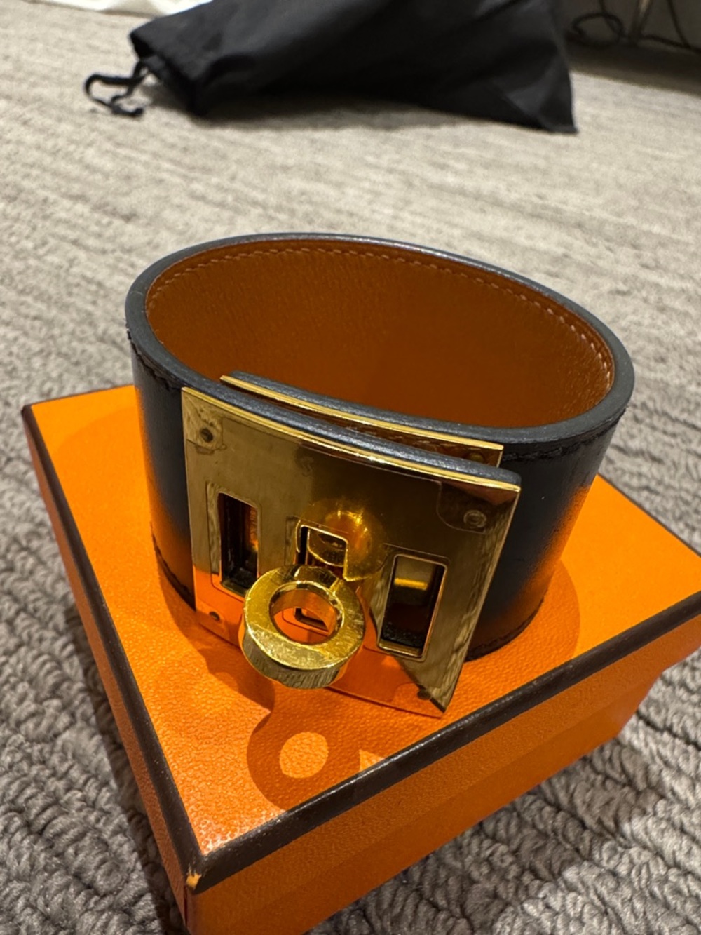 Hermès black leather cuff bracelet gold hardware small adjustable authentic